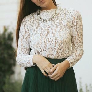 Long Sleeve Lace Blouse - Cream - Size M